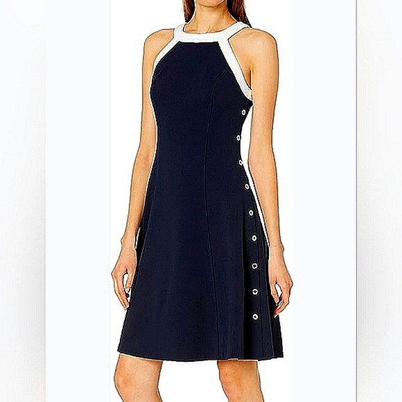NWT Tommy Hilfiger white trimmed navy halter dress, button accent sides Sz 6 NEW - Picture 2 of 15